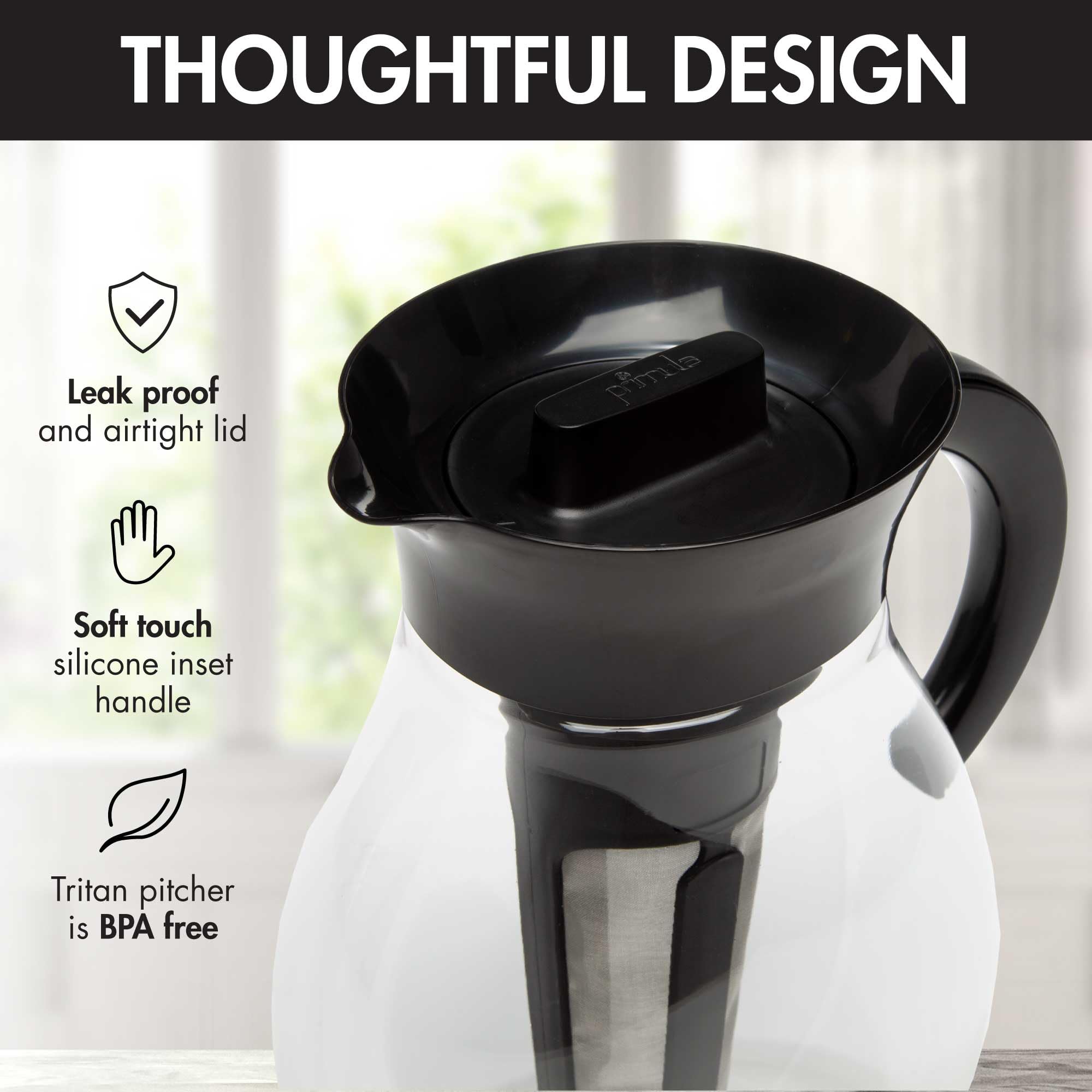 Primula The Big Théière glacée et infuseur en plastique avec couvercle hermétique, filtre réutilisable en maille fine, fabriqué sans BPA, passe au lave-vaisselle, noir