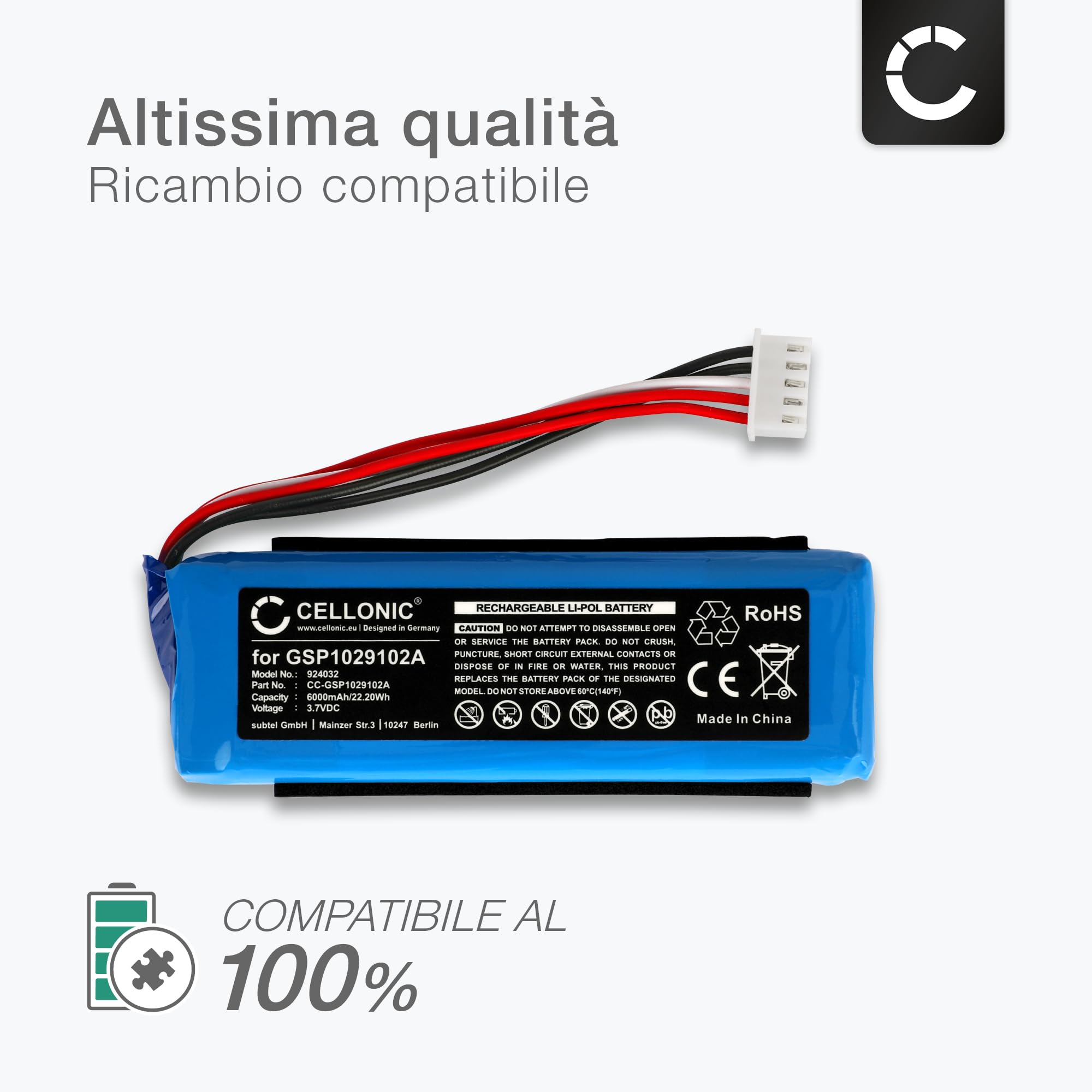 CELLONIC, Batteria per altoparlante compatibile con JBL Charge 3, Charge 3 Stealth Edition (6000mAh, 3.7V) Batteria di Ricambio GSP1029102A - Version 1