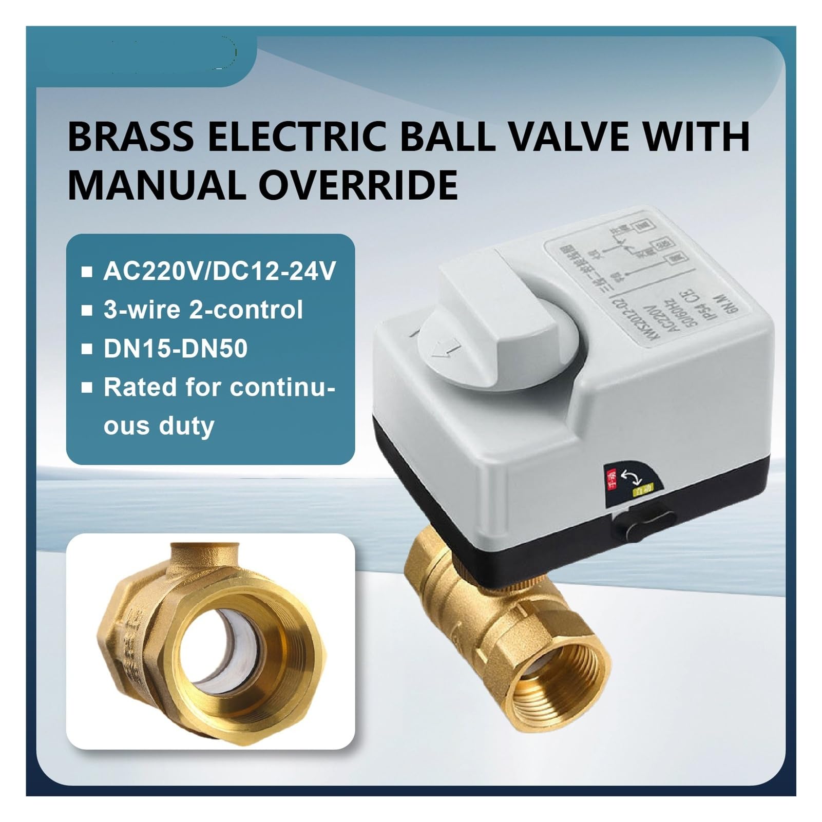 Valvola a sfera motorizzata in ottone AC220V DC12V Attuatore elettrico a tre fili Interruttore manuale Due controlli DN15-50 IP67 Smart Water(DN25,DC12-24V_3 WAY)