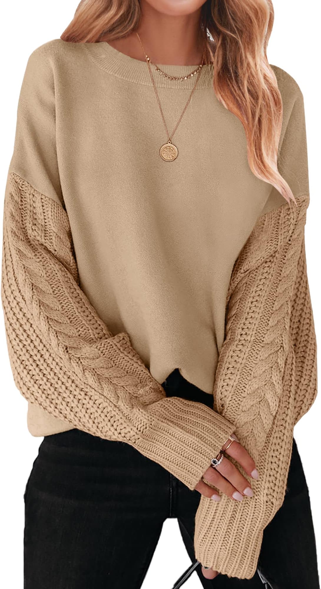 ZESICAWomen's 2023 Fall Long Sleeve Crew Neck Solid Color Cable Knit Chunky Casual Oversized Pullover Sweater Tops