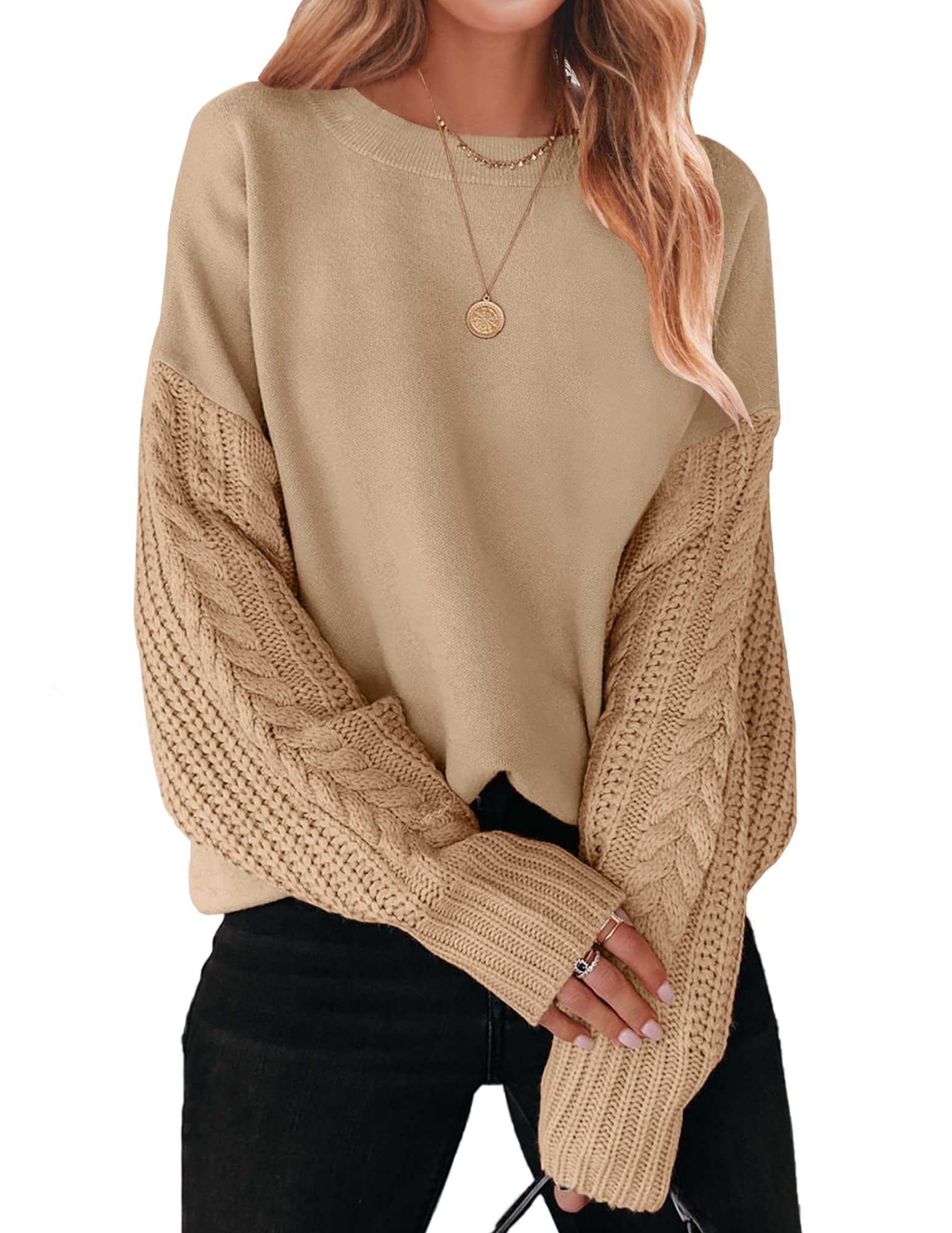 ZESICAWomen's 2023 Fall Long Sleeve Crew Neck Solid Color Cable Knit Chunky Casual Oversized Pullover Sweater Tops