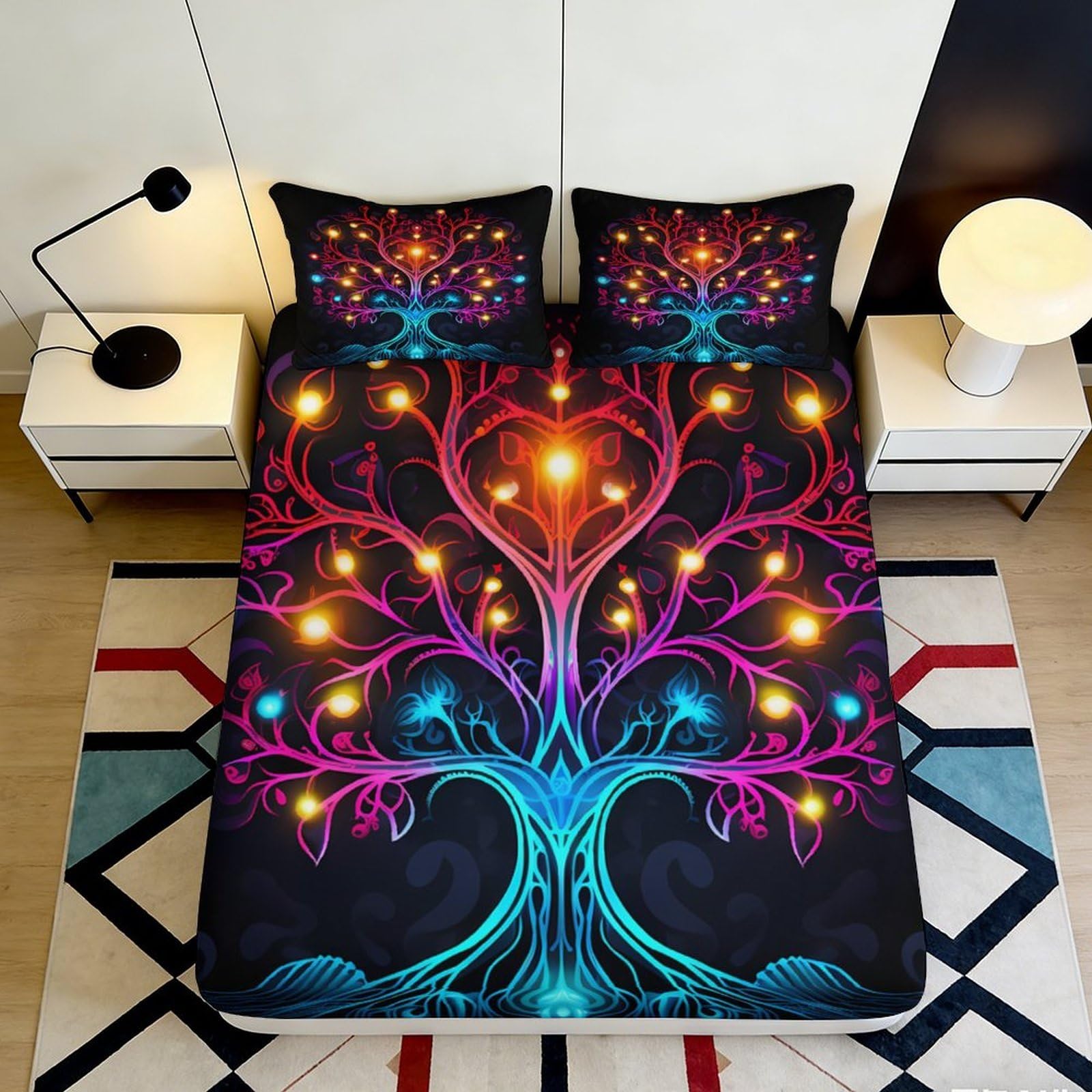 3D Printed Glowing Tree Fitted Sheet Microfiber Soft Breathable Neon Branches Bed Cover for Bedroom Dormitory Guest Room Mattress Protection Decor 160x200x25cm