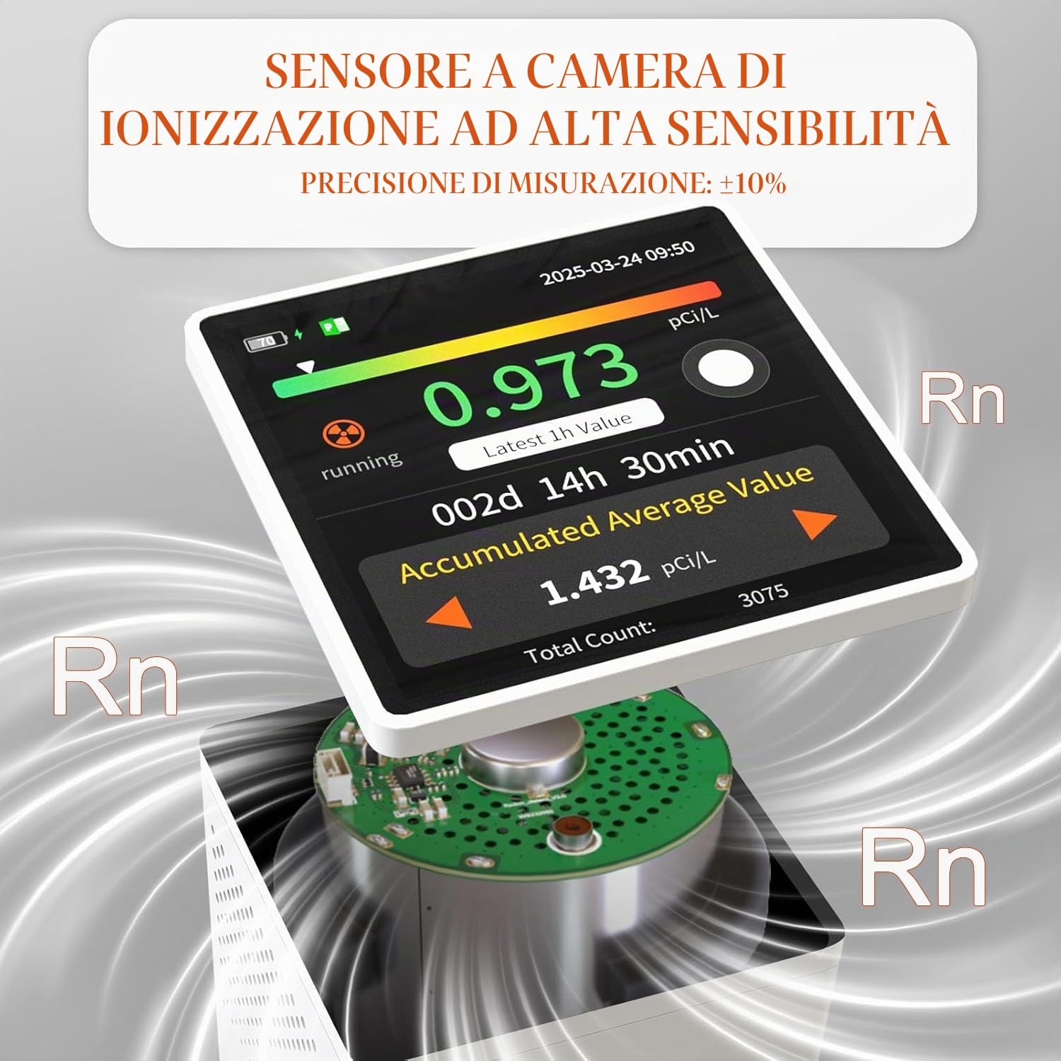 RM-73 Rilevatore di radon, con allarme sonoro e visivo, schermo LCD a colori touch, per il monitoraggio a lungo termine della concentrazione di radon in casa o in cantina, in Bq/m³ o pCi/L
