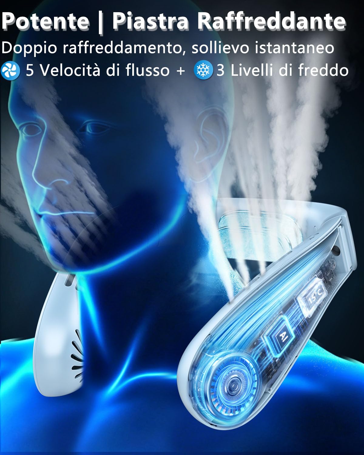 Ventilatore da Collo Silenzioso, Condizionatore Personale Portatile Neck Fan con 5 Velocità, Batteria 5500mAh Autonomia 15 Ore Display LED Silenzioso, per Lavoro, Relax, Attività all'Aperto e Viaggi