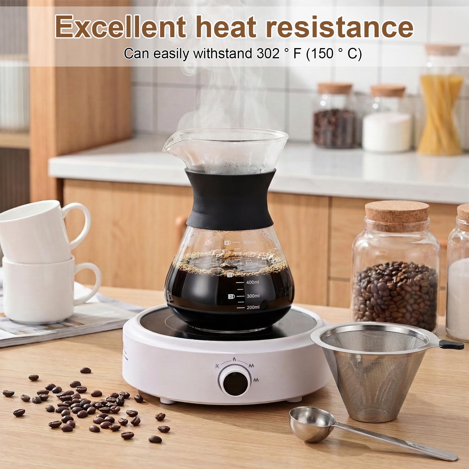 Caffettiera in Vetro 600ml, Macchina da Caffè Americana a Goccia Manuale, Pour Over Coffee Maker con Filtro Permanente in Acciaio Inossidabile Riutilizzabile, per Caffè Casa Ufficio