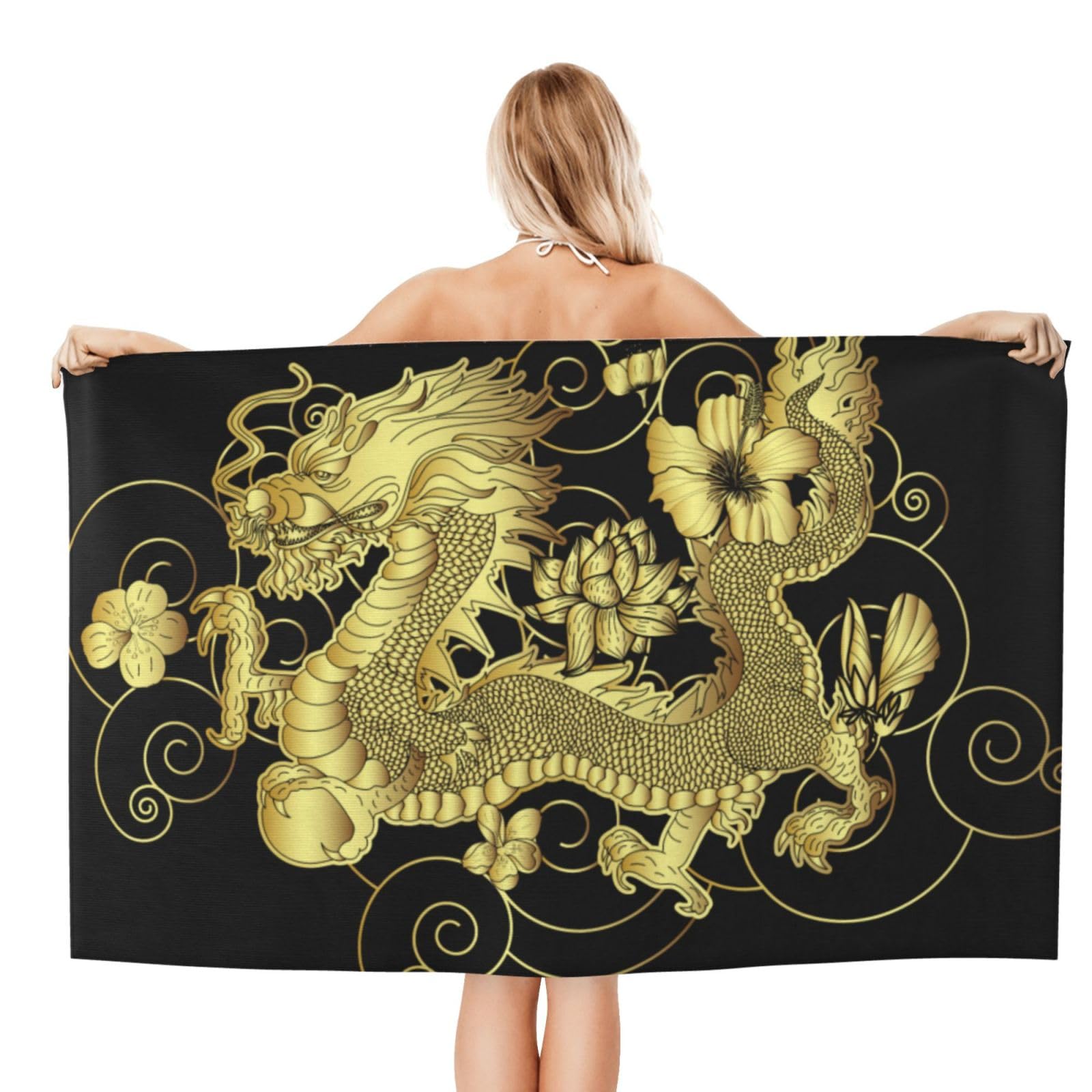 Amazon｜ドラゴン柄 龍 竜 金色 (2) バスタオル 大判 吸水速乾