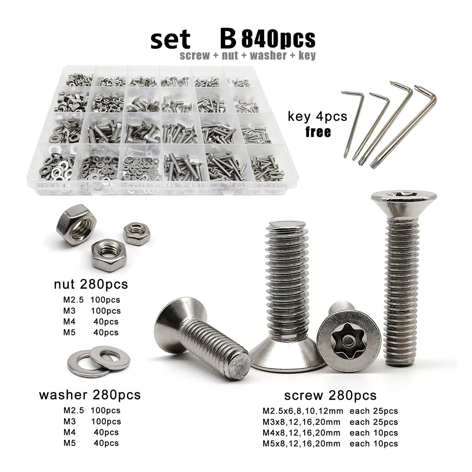 M2.5 M3 M4 M5 Mix Size 304 A2 Kolumna Ze Stali Nierdzewnej Torx Płaska łeb Przeciwkradzieżowy Zestaw śrub zabezpieczających Zestaw kluczy (zestaw B 840 szt.)