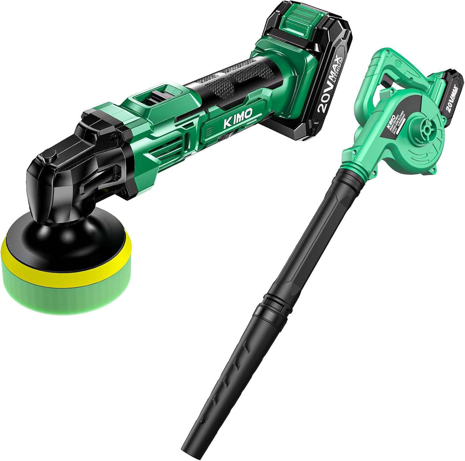 K I M O. Cordless Leaf Blower Vacuum Combo 4 in 1, 3Nozzles & 3Modes for Inflation Deflation, Variable Speed, 2Pack Battery + Cordless Buffer Polisher Kit, 25Accessories, Car Buffer Cordless/6000RPM