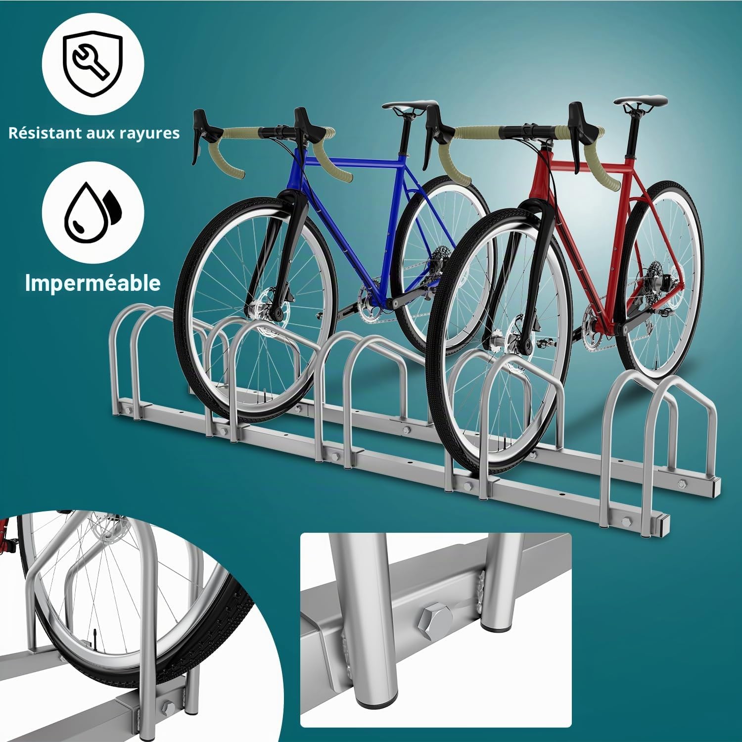 Râtelier à vélo pour 5 vélos Largeur de pneu 35-55 mm Support de vélo Montage facile Acier galvanisé 130 x 32 x 26 cm Argenté