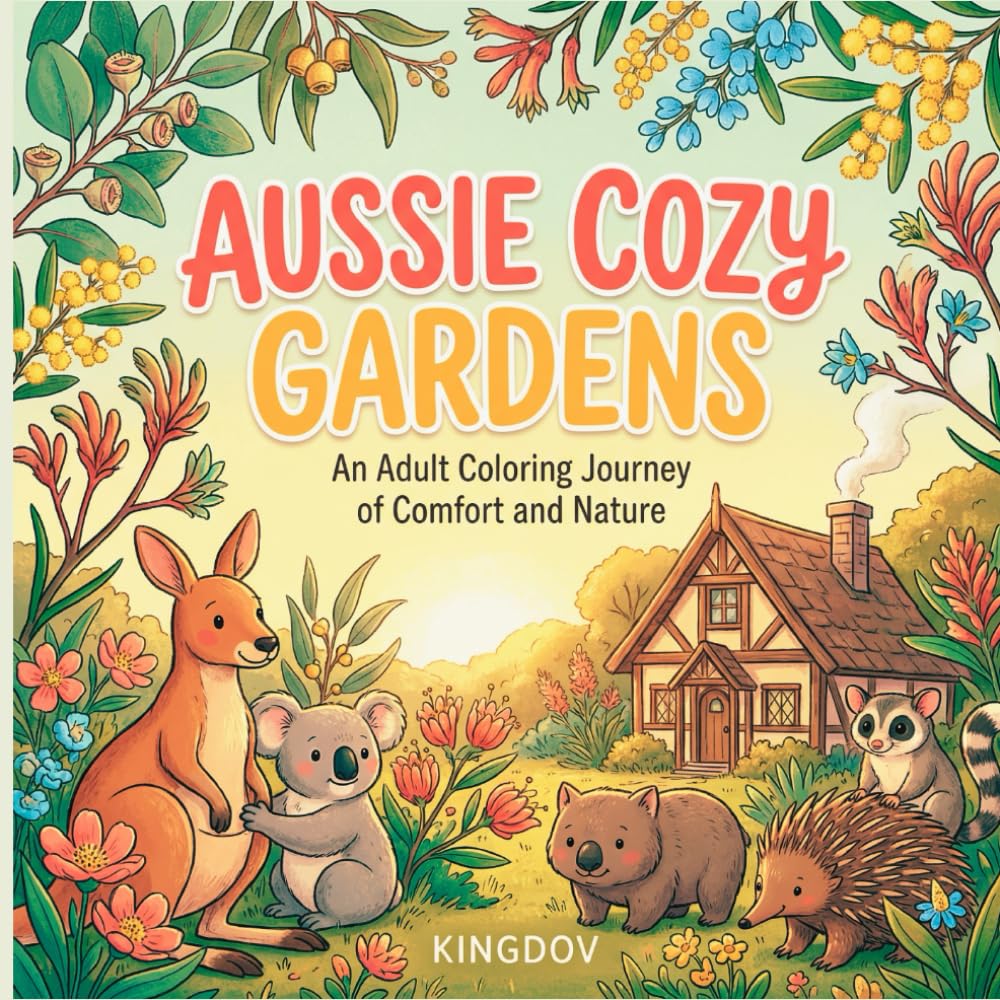 Aussie Cozy Gardens: A Relaxing Coloring Book Featuring Kangaroos, Koalas, Wombats & Other Adorable Australian Animals in Peaceful Garden Scenes