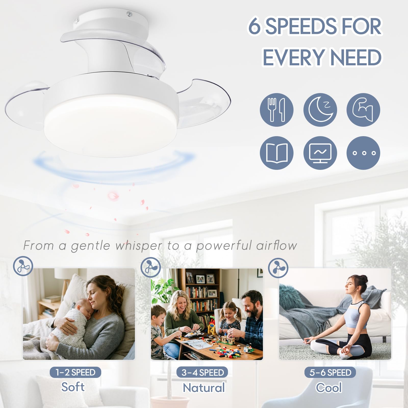 Lampara Ventilador Techo Aspas Retráctiles Plegables, Ventilador Techo Pequeño Con Luz Silencioso Y Mando, LED Regulable, 6 Vel Motor DC, 52cm Retractil Ocultas Para Dormitorio/Habitación Infantil