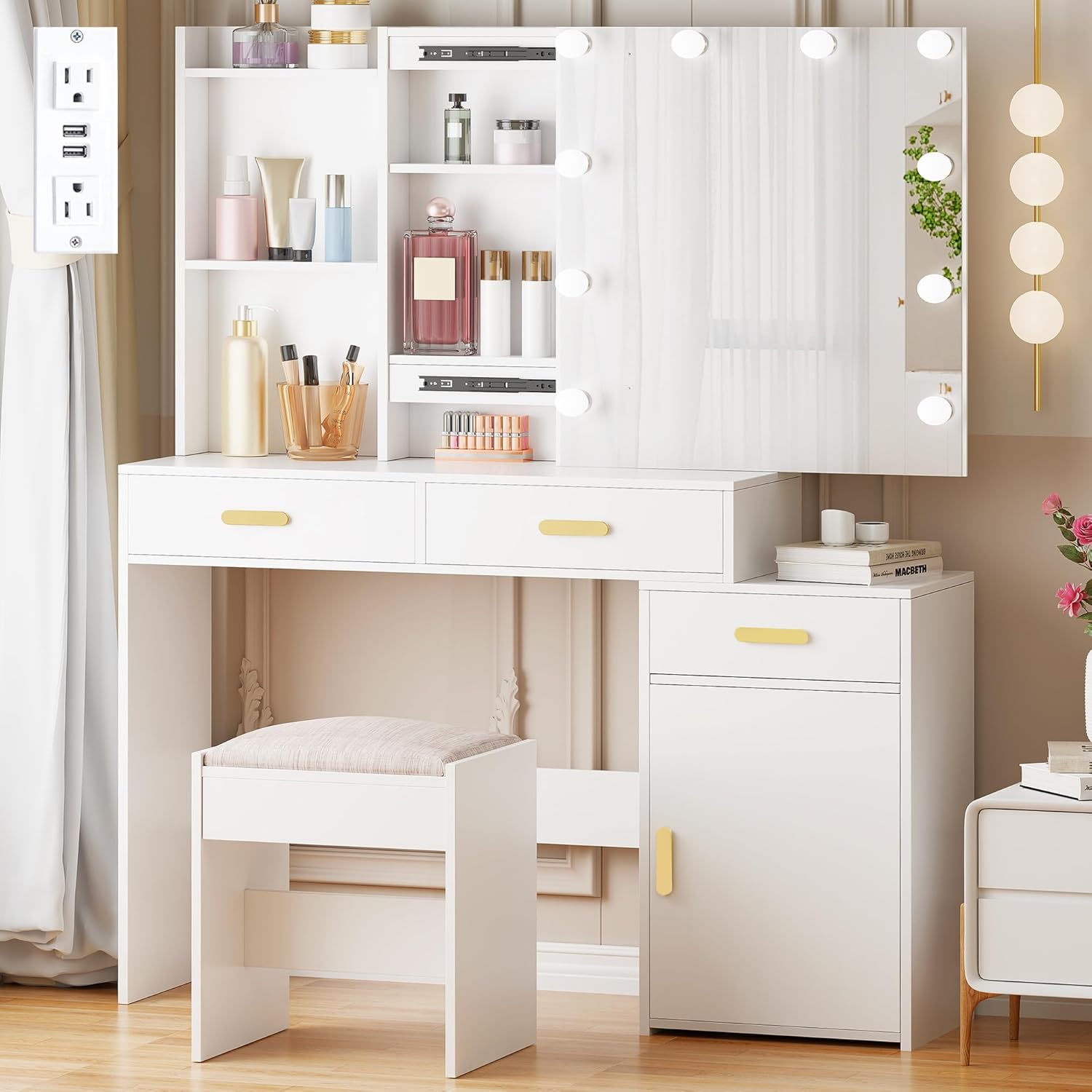 ANWBROAD Makeup Vanity Desk UBDT54W with sliding mirror, LED lights, drawers, and stool