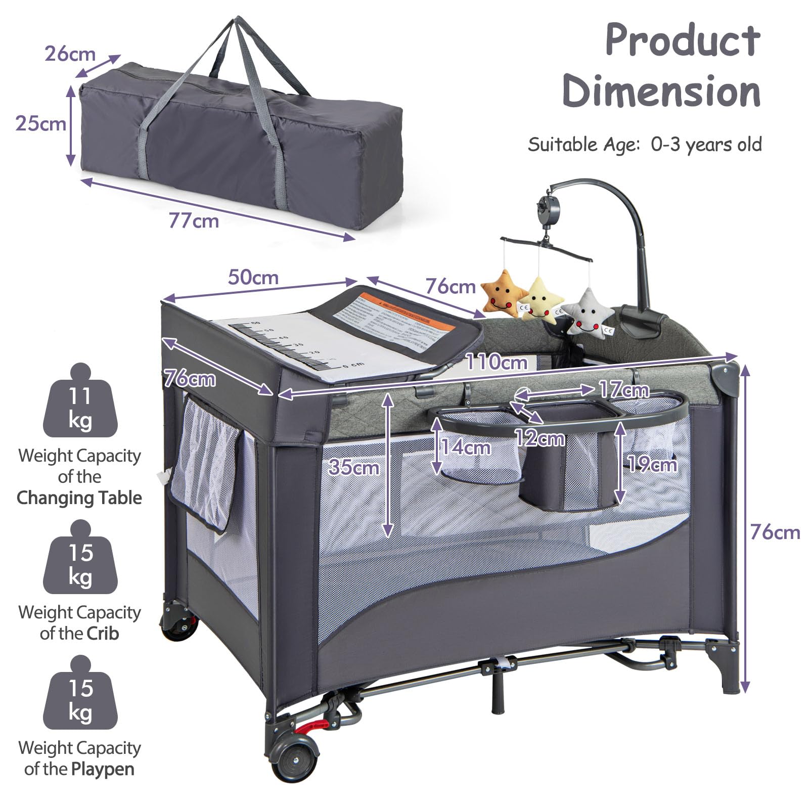 LIFEZEAL Lit Parapluie Pliant 2 Niveaux avec Matelas, 4 Hauteurs Réglables, Lit Voyage 110x76x76cm, Sac de Transport, Lit d'Appoint Bébé Table à Langer et Jouets, Charge de 15 kg, 0-9 Mois (Bleu)