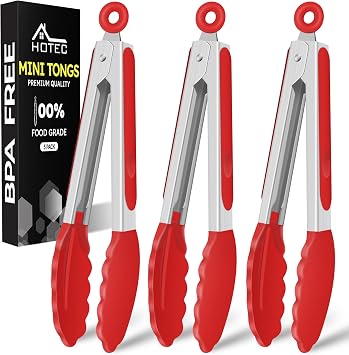 Hotec Mini Silicone Kitchen Tongs for Cooking - 7-Inch Small Serving Tongs with Silicone Tips, Set of 3 Red