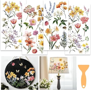 4 Sheets Rub on Transfers for Crafts Flower Decals for Furniture Rub on Stickers Transfers Home Craft Decals for Furniture Windows DIY Scrapbooking Photo Albums Greeting Cards, 11.8 x 5.9in