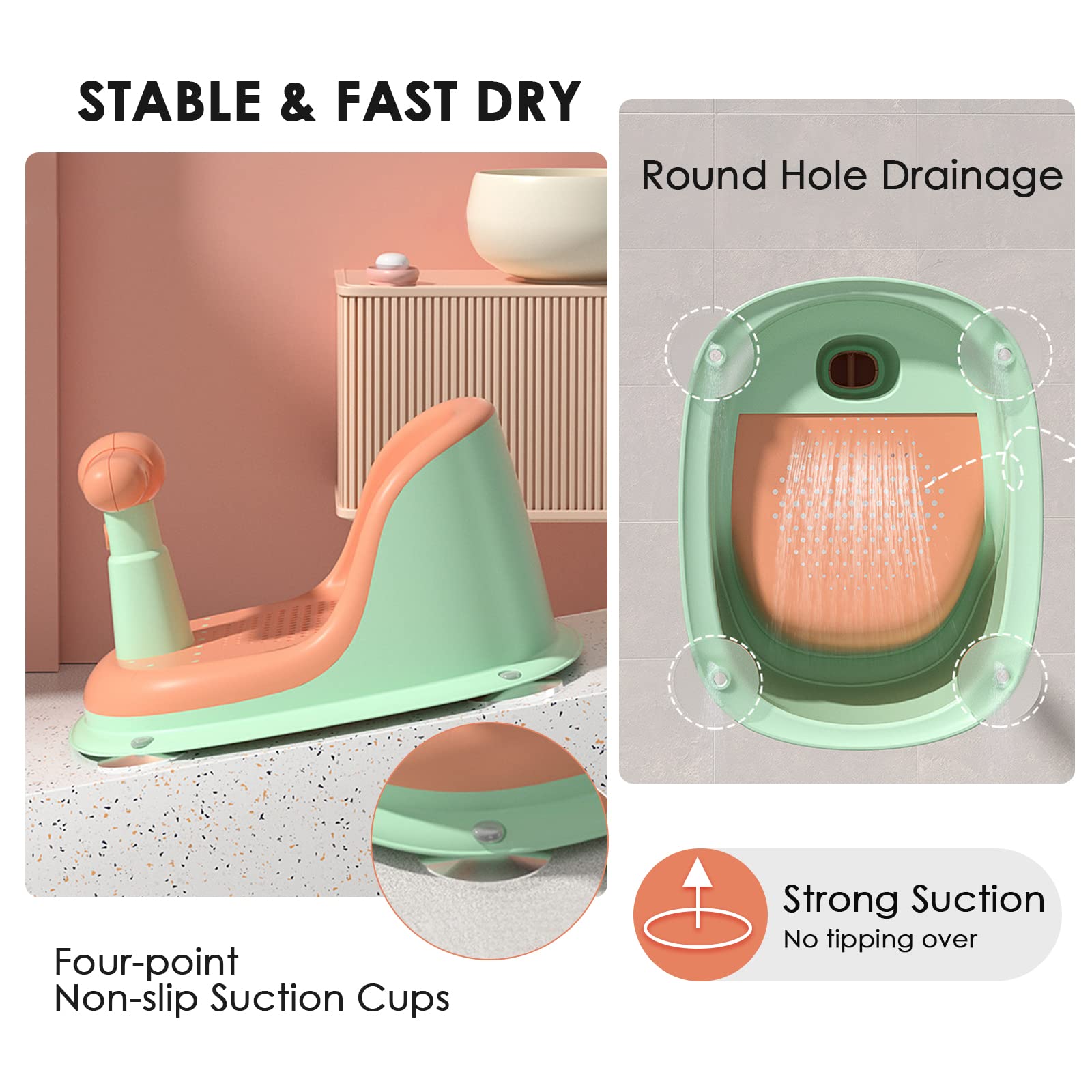 SONARIN Asiento Bañera Bebe,Antideslizante Seguro Asiento de Baño Sillón de Baño Silla Bañera Bebe Sillón de Ducha con Respaldo & 4 Ventosas para Bebe de 6 a 18 Meses(Naranja)
