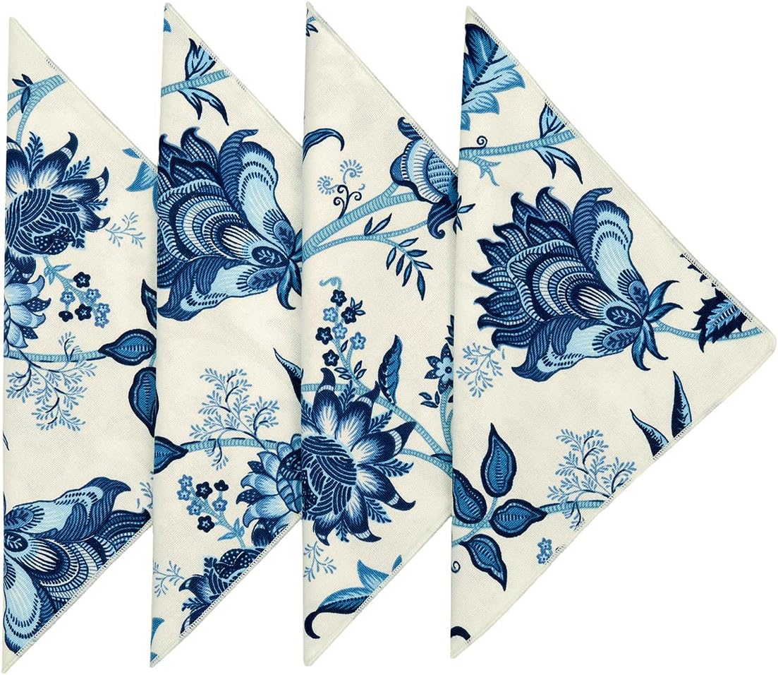 Cloth Napkins 100% Cotton Linen Napkins 18" x 18" Dinner, Thanksgiving Table Decor, Christmas Party Ideas, Blue and White Floral, Use with Tablecloth for Table Settings, Tablescapes Set 4