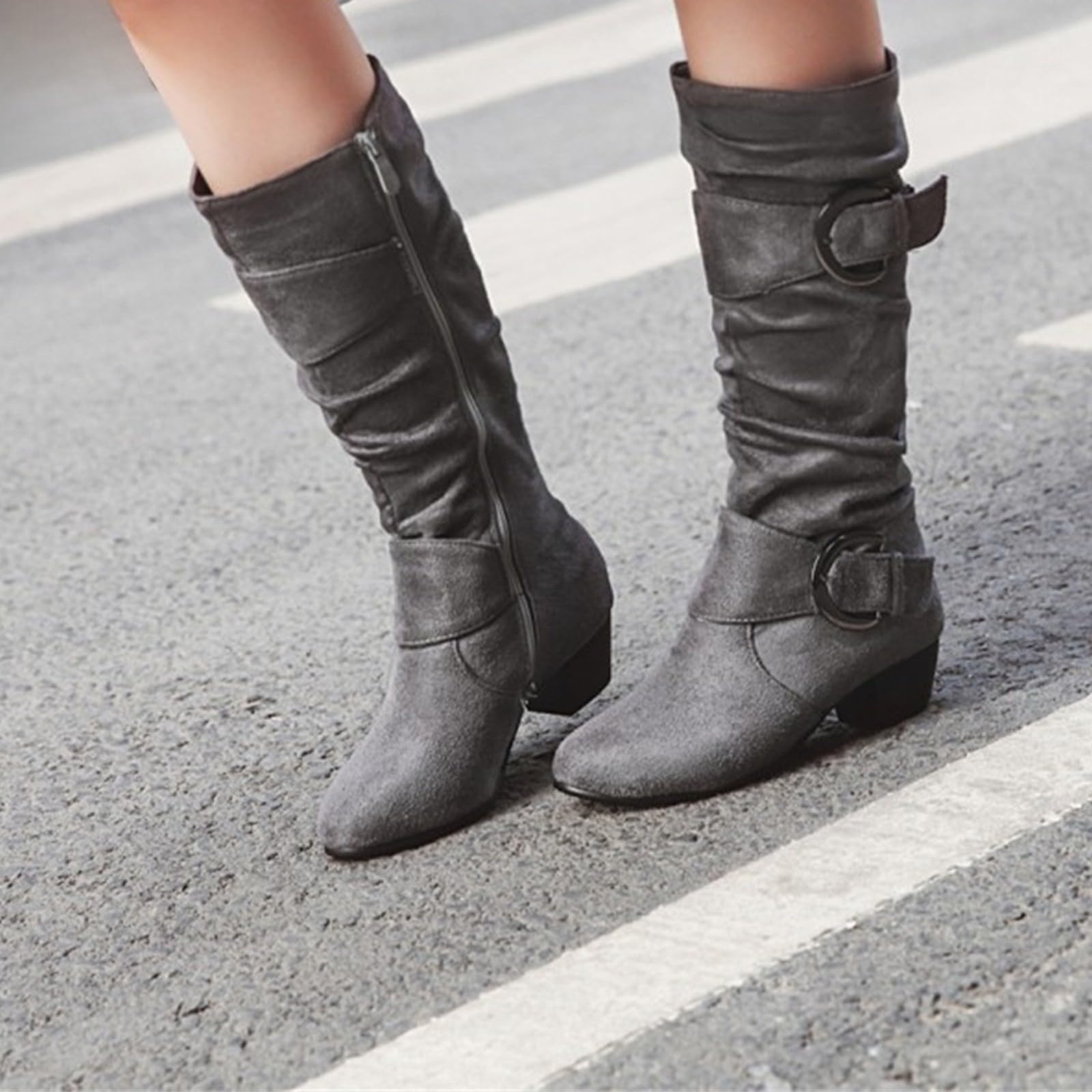 Botas de vaquero para mujer, de ante alto, hasta la rodilla, con tacón de bloque, botas largas con cremallera lateral, botas puntiagudas del oeste con hebilla, gris, 36 EU