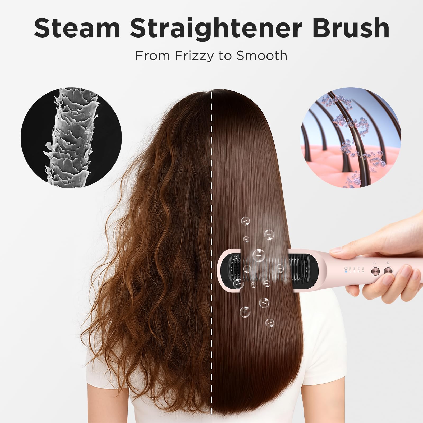 PARWIN PRO BEAUTY Szczotka do prostowania z parą Pro, 3-w-1, Wyświetlacz LED, Jony & Para dla podwójnej pielęgnacji, Zmniejsza uszkodzenia, 4 ustawienia temperatury – Różowy