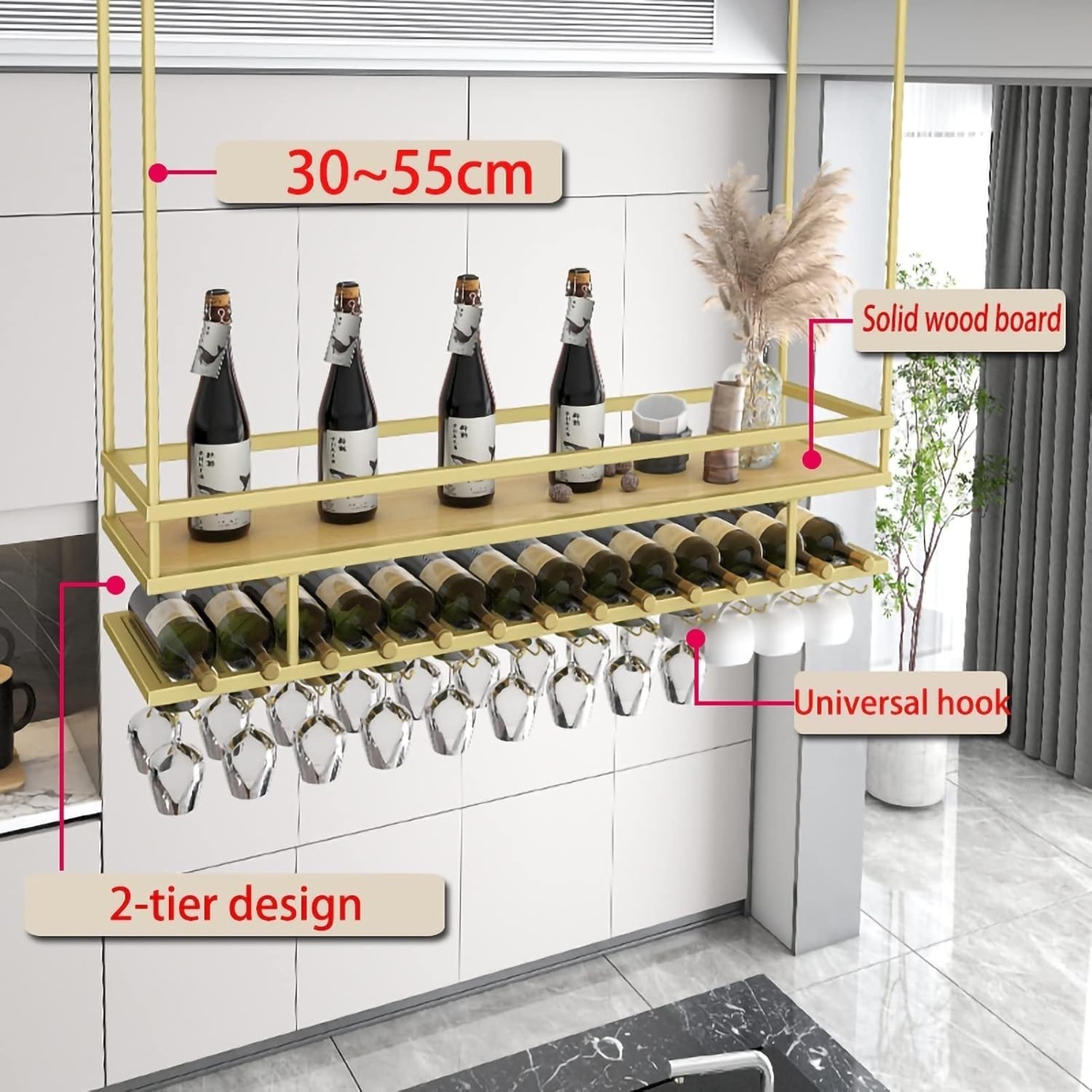 Ceiling Shelf - 2 Tier Ceiling Hanging Wine Rack, Multifunctional Hanging Storage Rack/Wine Glass Holder/Bottle Rack/Plant Holder, Bar/Kitchen/Wrought Iron Display Rack