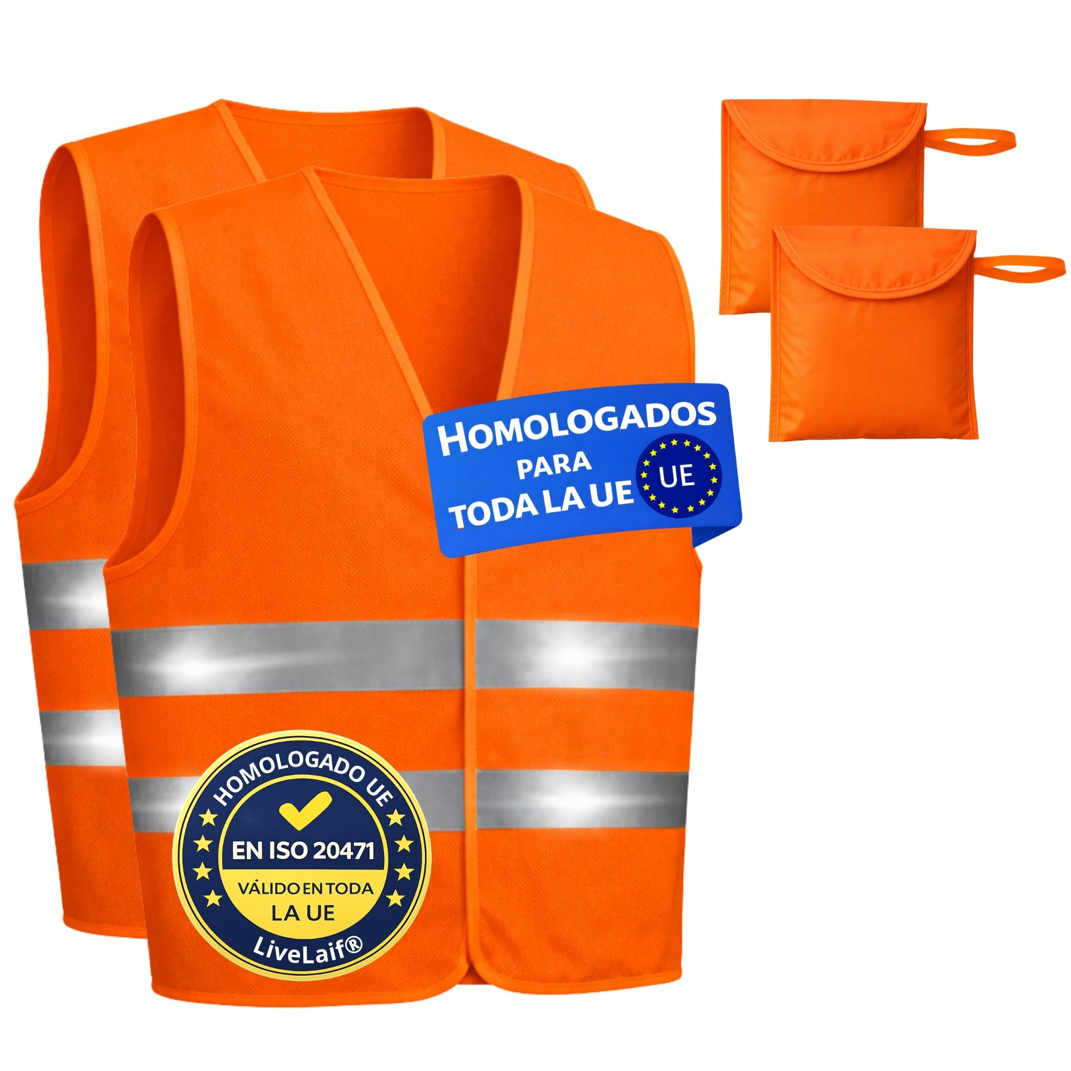 LiveLaif Pack 2 Chaleco Reflectante Homologado DGT ISO 20471 + 2 Fundas Grandes | Chaleco Trabajo Alta Visibilidad Amarillo | para Coche, Moto, Obra y Emergencias | Talla Única Unisex — view 8