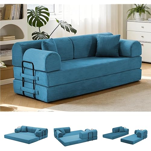 79'' Convertible Sofa Bed, 6 in 1 Folding Floor Futon Couch Sleeper with Fixed Frame, Corduroy Modular Sofa Bed with Removable Armrests & Pillows, No Assembly for Living Room Bedroom (Light Blue)