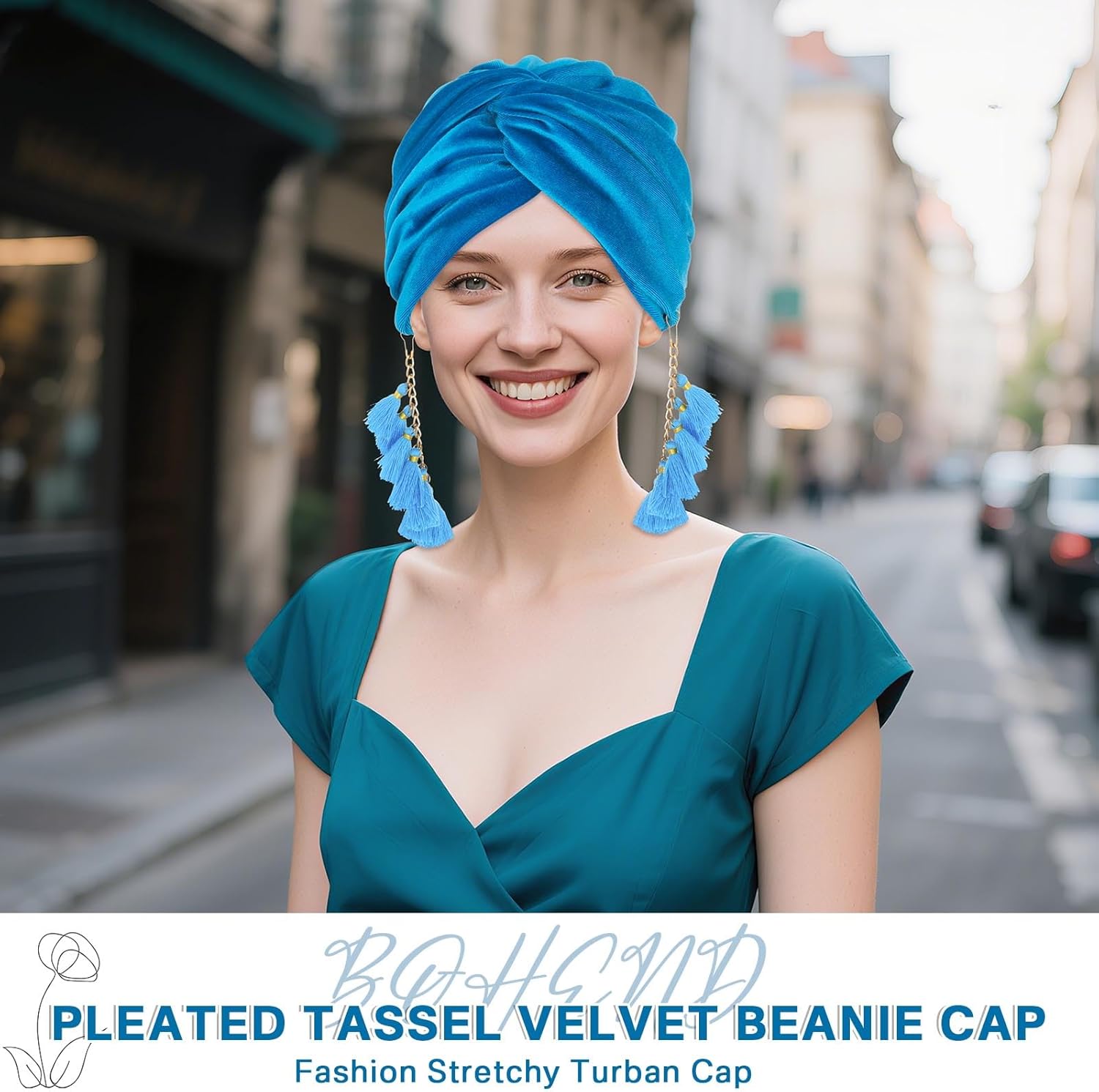 Bohend Knotted Turban Cap Women Tassel Pre-Tied Velvet Beanie Headwrap Stretchy Head Covering Wide - Image 6