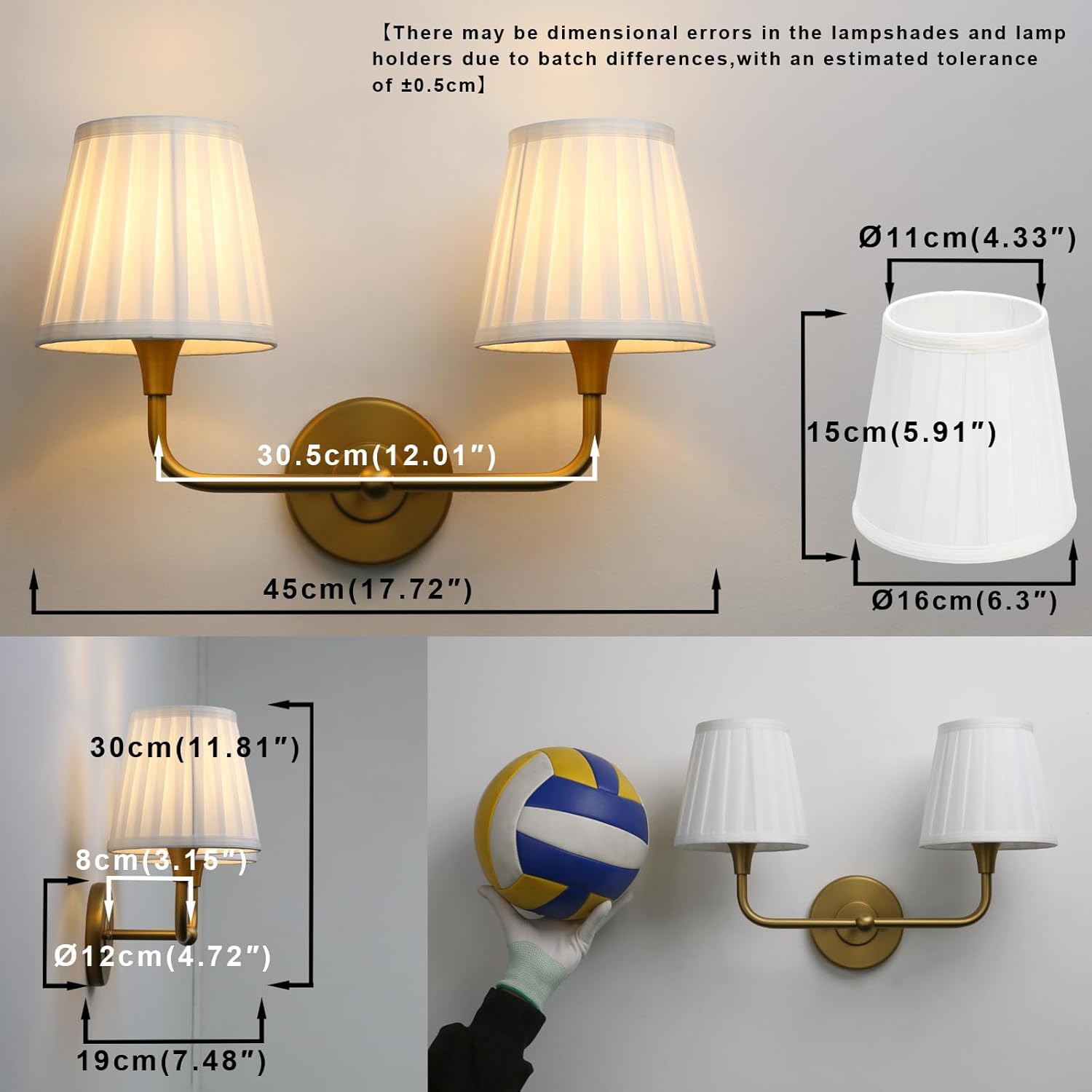 Yosoan 2-Light Brass White Pleated Fabric Shade Wall Sconce, White Pleated Cup Funnel Shade, Vanity Vintage Industrial Hardwired Indoor Boho Gold Wall Mounted for Kitchen Fireplace Staircase(Antique)