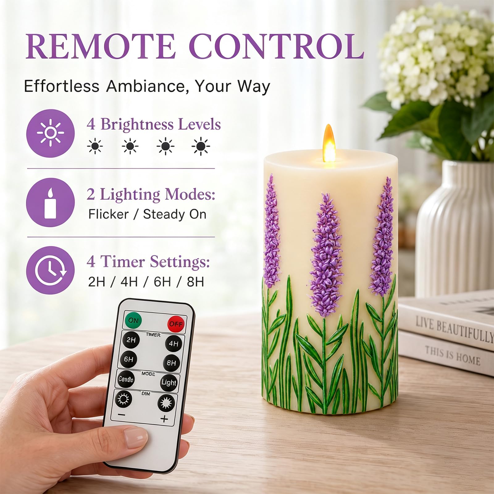 Lot de 2 bougies en forme de tulipe à LED sans flamme avec télécommande et minuteur - En cire véritable - Fonctionne à piles - Pour maison, fête de mariage, vacances - Lavande violette