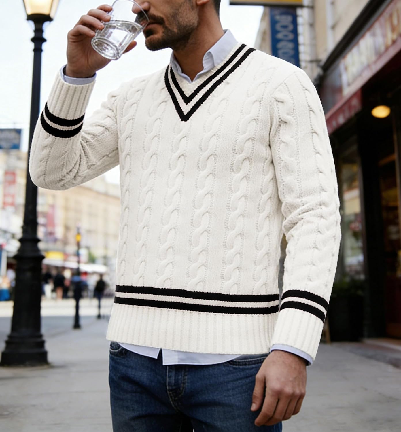 chouyatou Men's Casual V Neck Contrast Stripes Cable Knit Pullover Sweater Tops