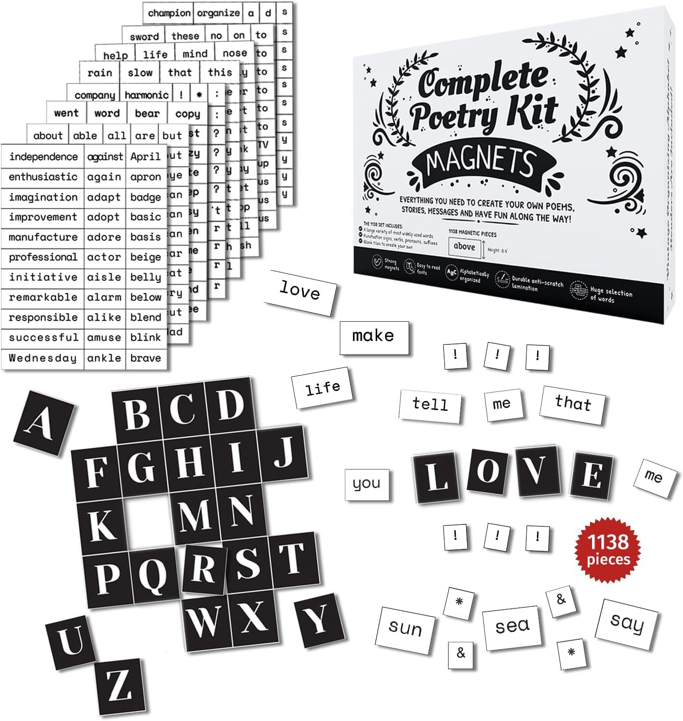 1138 PCS Complete Poetry Magnets Kit, Word Magnet for Fridge, Magnetic Words, Word Fridge Magnets, Sentence Building...