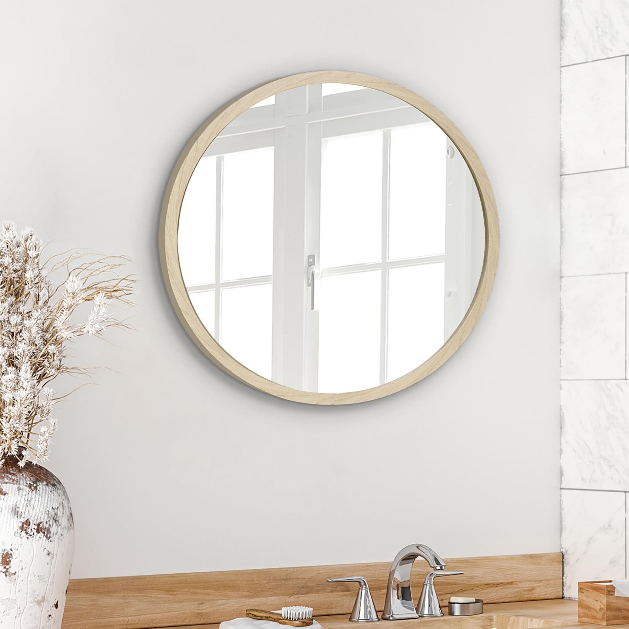 Americanflat 20" Framed Dark Oak Round Mirror - Circular Mirror for Wall Decor - Large Round Mirror for Bathroom, Bedroom, Entryway, and Living Room
