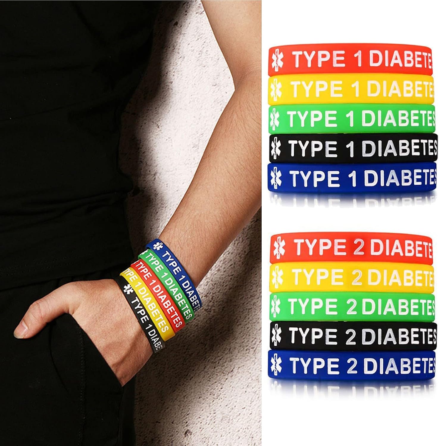 Silicone Wristband Medical Alert ID for Health for Type 1/2 Diabetic Patients Neutral Colors Adult Size Mental Health Bracelets in Bulk Bracelets for Men Rubber Mental Charms