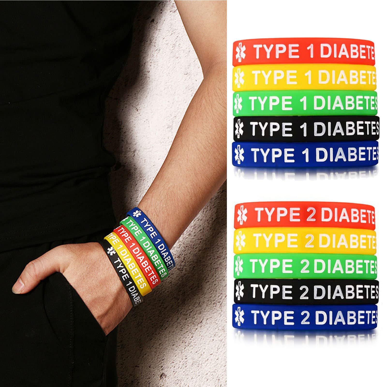 Pulseras de silicona para diabéticos tipo 1/2, impermeables, 7.5 pulgadas, unisex