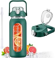 Vista 8 de kytffu Botellas de agua de vidrio de 64 onzas con popote, botella de vidrio motivacional de medio galón con funda de silicona y marcador de tiempo