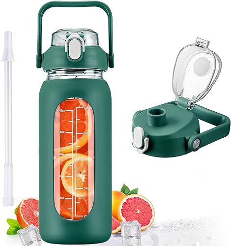 Miniatura 8 de kytffu Botellas de agua de vidrio de 64 onzas con popote, botella de vidrio motivacional de medio galón con funda de silicona y marcador de tiempo