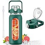 kytffu 56oz Glass Water Bottles with Straw, Motivational Glass Bottle with Silicone Sleeve and Time Marker, Leakproof Large Glass Water Jug for Gym Home Office,Ink green