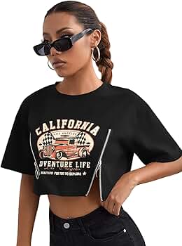 【U LAN】Life lettering crop short sleeves Floerns Women's Graphic Letter Print Short Sleeve Zipper Tee