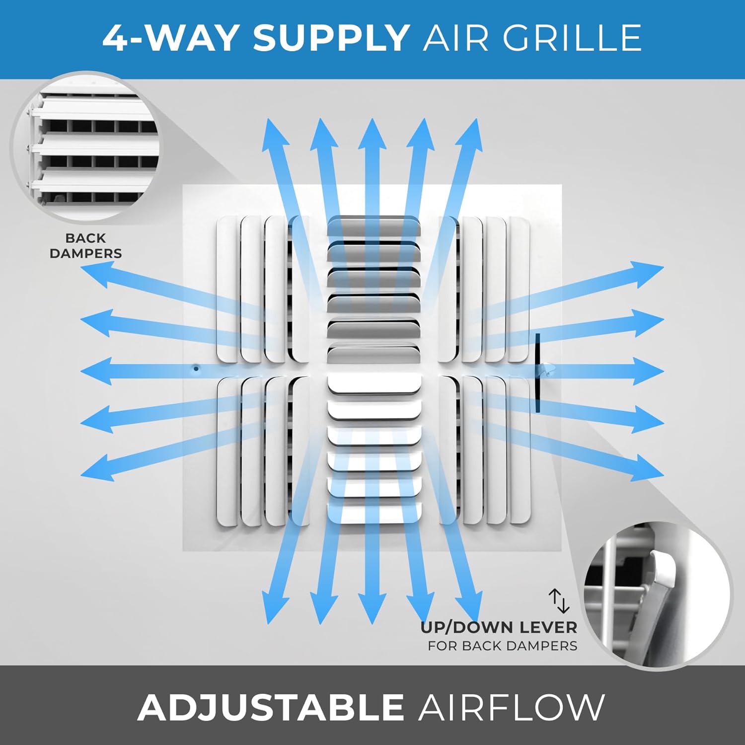 HVAC Premium 14"w X 14"h [Duct Opening] 4-Way Fixed Curved Blade Air Supply Diffuser Register Vent Cover Grille [Outer Dimensions: 15.75"W X 15.75"H]