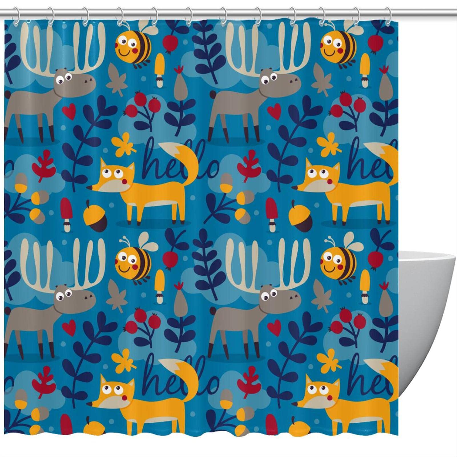 Rideau de douche textile anti-moisissure avec motifs élan et abeille pour salle de bain