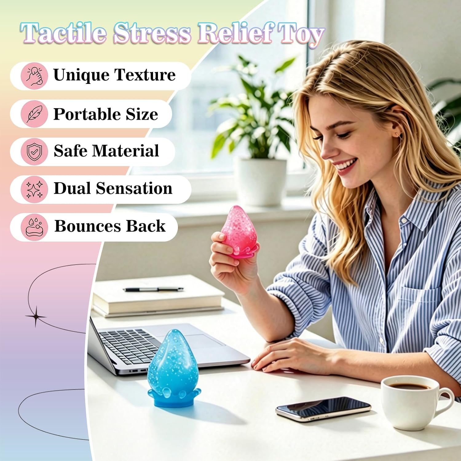 2 Pack Squishy Water Drop Stress Balls, Silicone Squeeze Fidget Toys for Anxiety Relief, Portable Sensory Relax Toys, Ideal Gift for Home Office Use (Blue Pink)