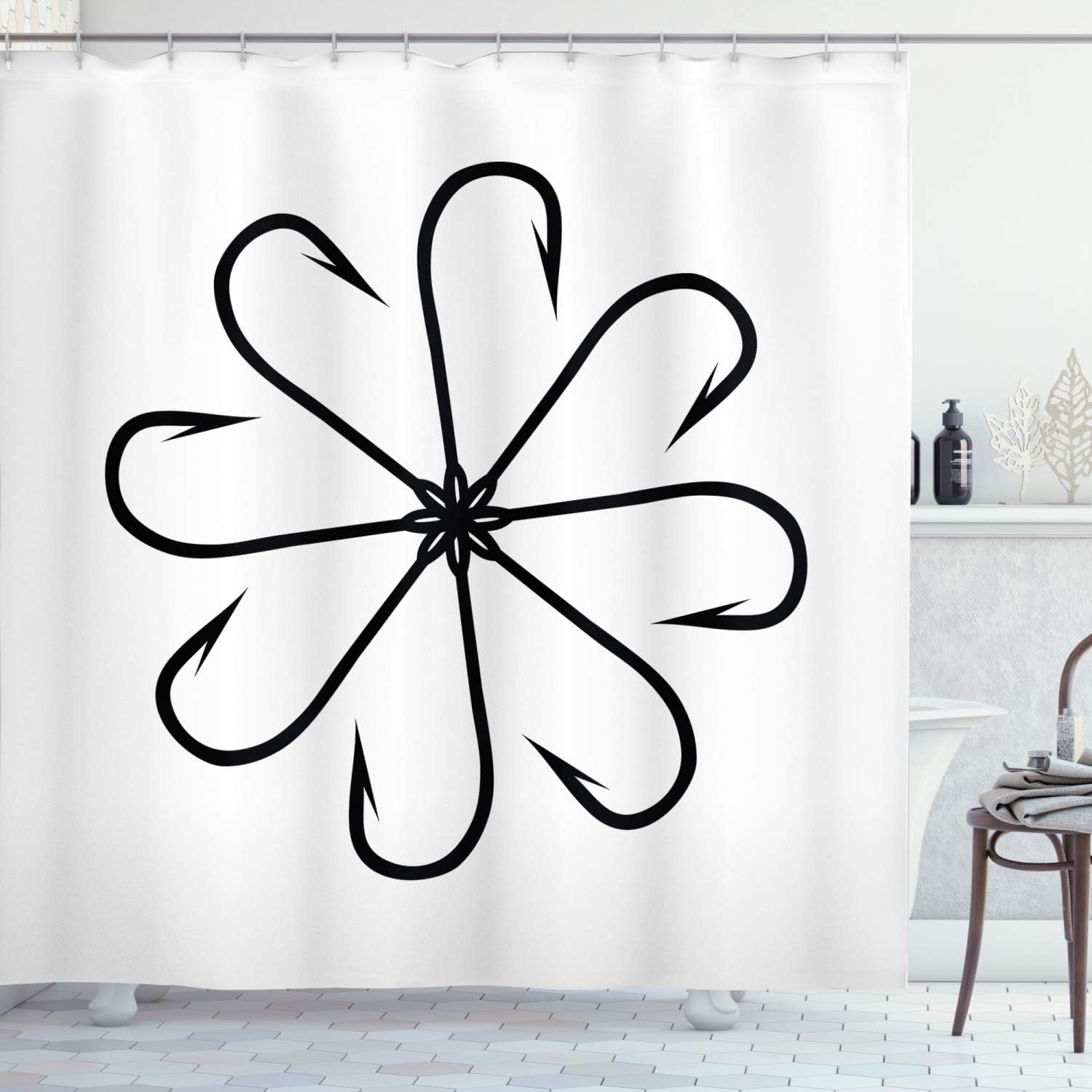 Ambesonne Fishing Shower Curtain, Flower Shaped Artisan Steel Multi Hook Gaff in Row New Needle Device Print, Cloth Fabric Bathroom Decor Set with Hooks, 69" W x 84" L, White and Black