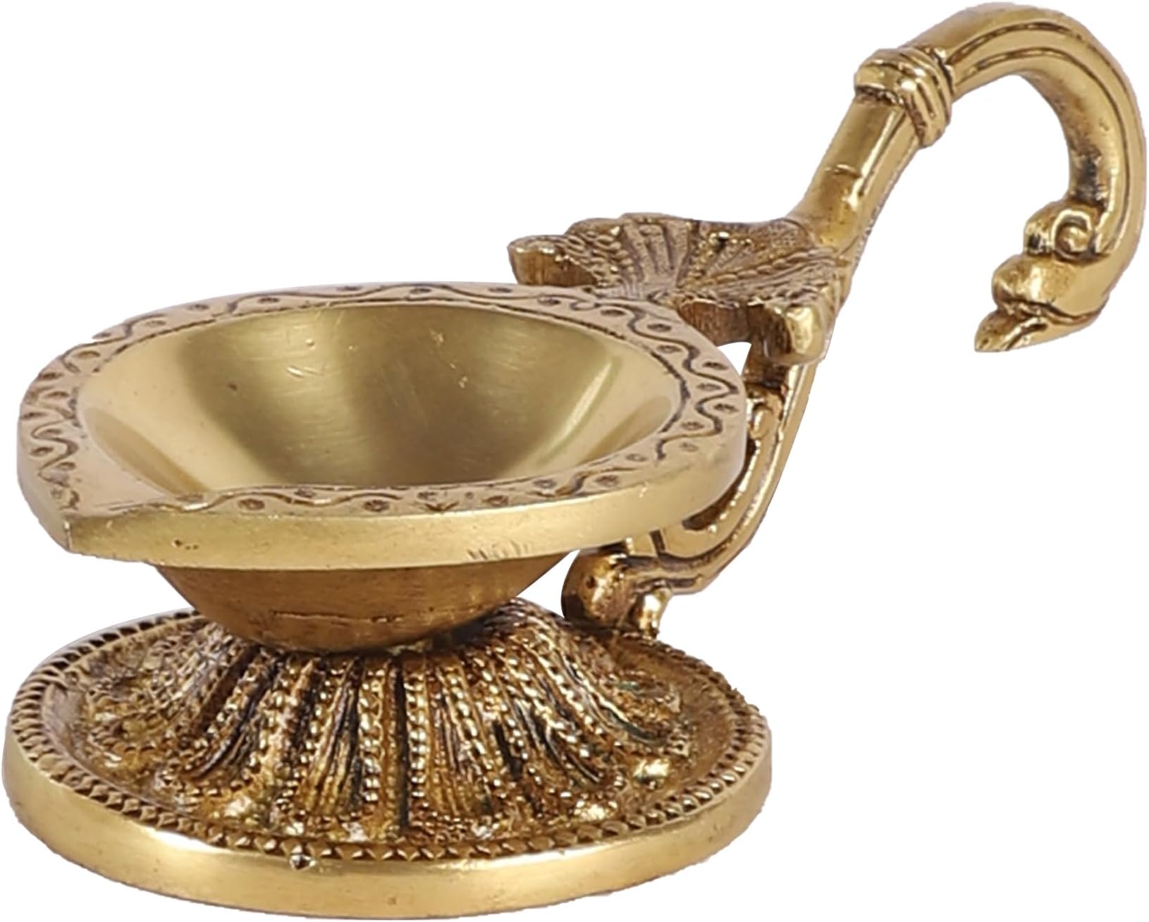 Two Moustaches 100% Pure Brass Ethnic Handcarved Brass Diya with Curved Handle, Brass Diyas for Pooja , Diyas for Home Decor , Gift for House Warming , Golden , Standard , Pack of 1