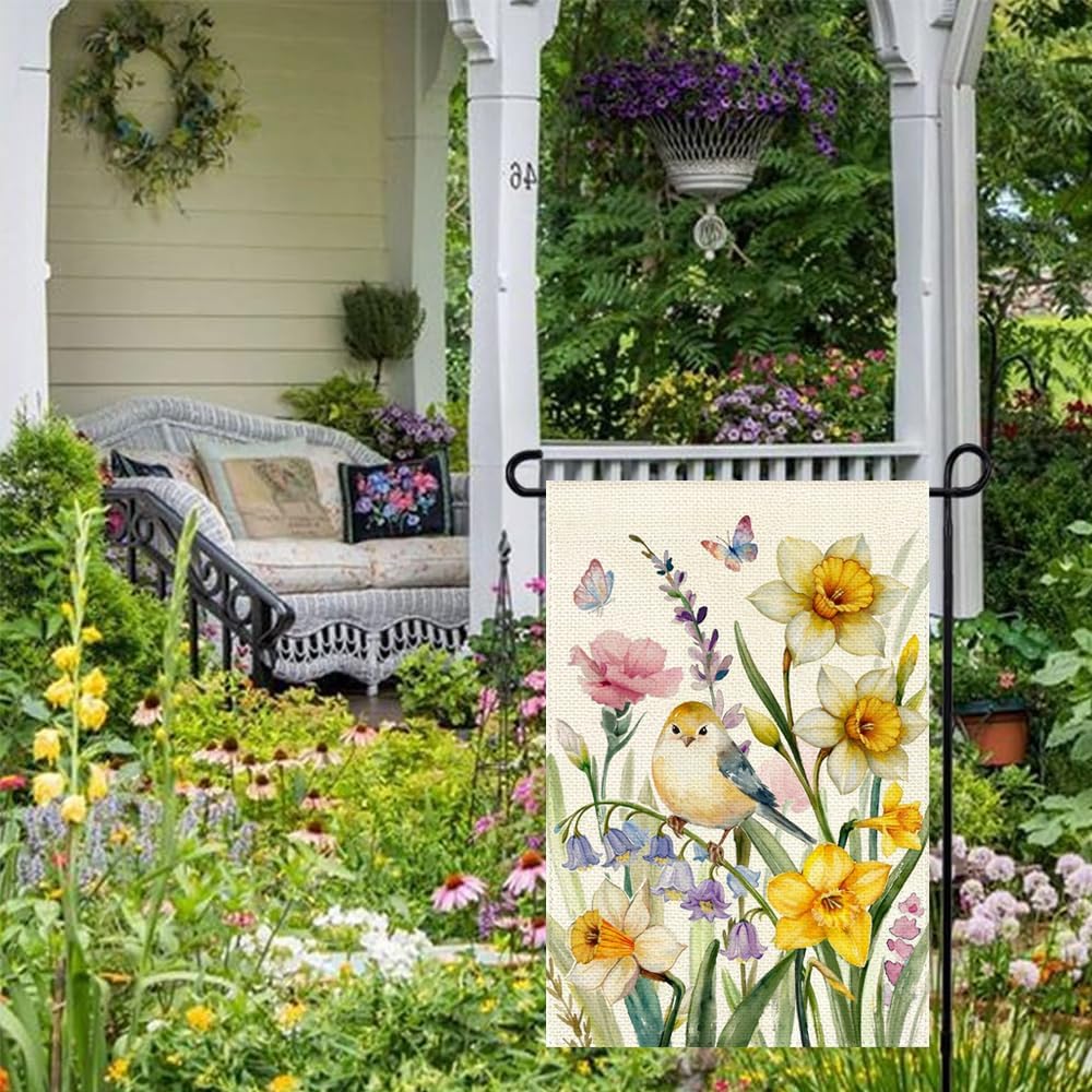 Spring Bird Daffodil Garden Flag 12x18 Inch Double Sided Outside Watercolor Flowers Seasonal Decorative Small Flag Outdoor Yard Porch Decoration - Image 2
