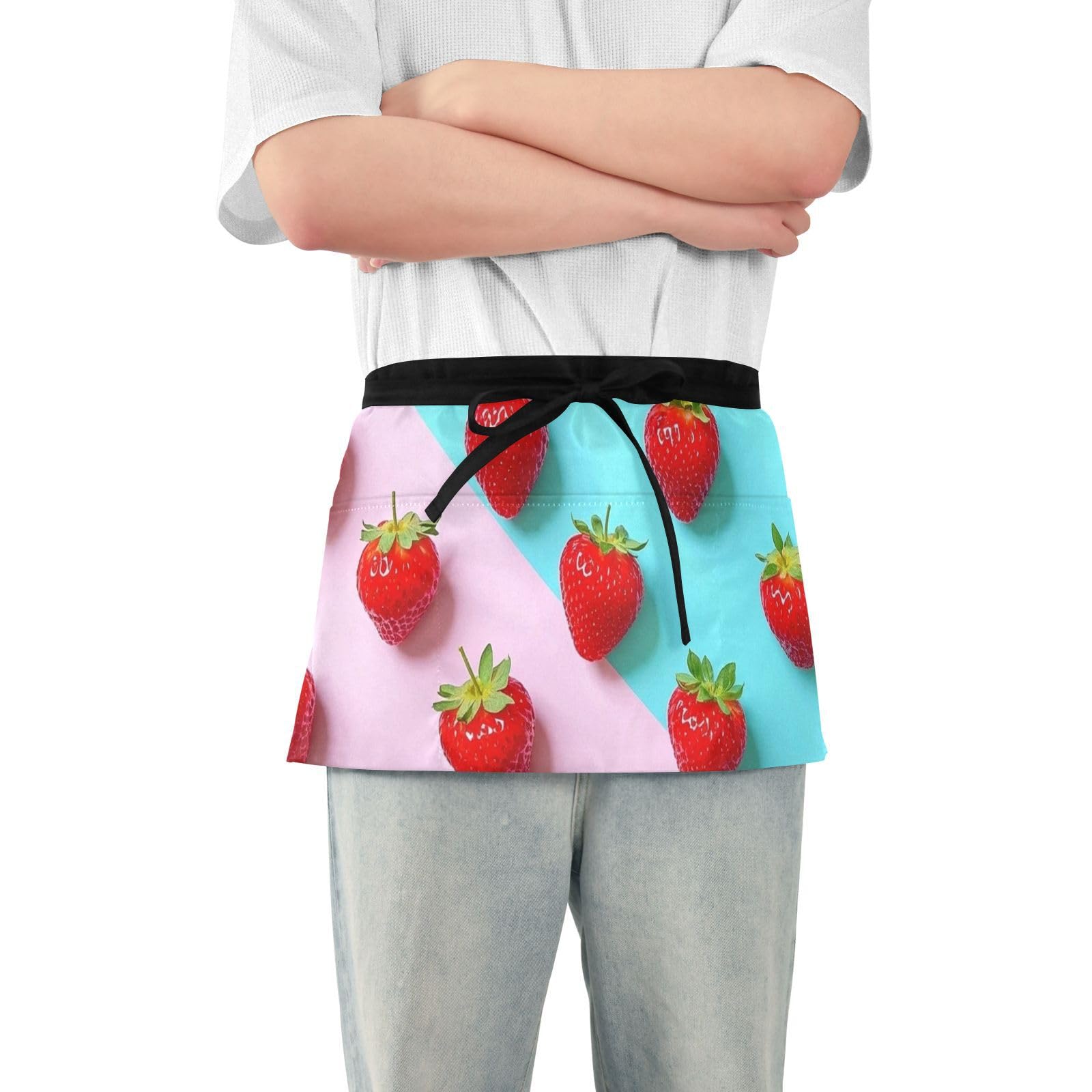 FASHON&FASCIN Server Apron with Pockets Waist Aprons Half Waitress Apron Strawberry Print for Gardening Restaurant,Multi25