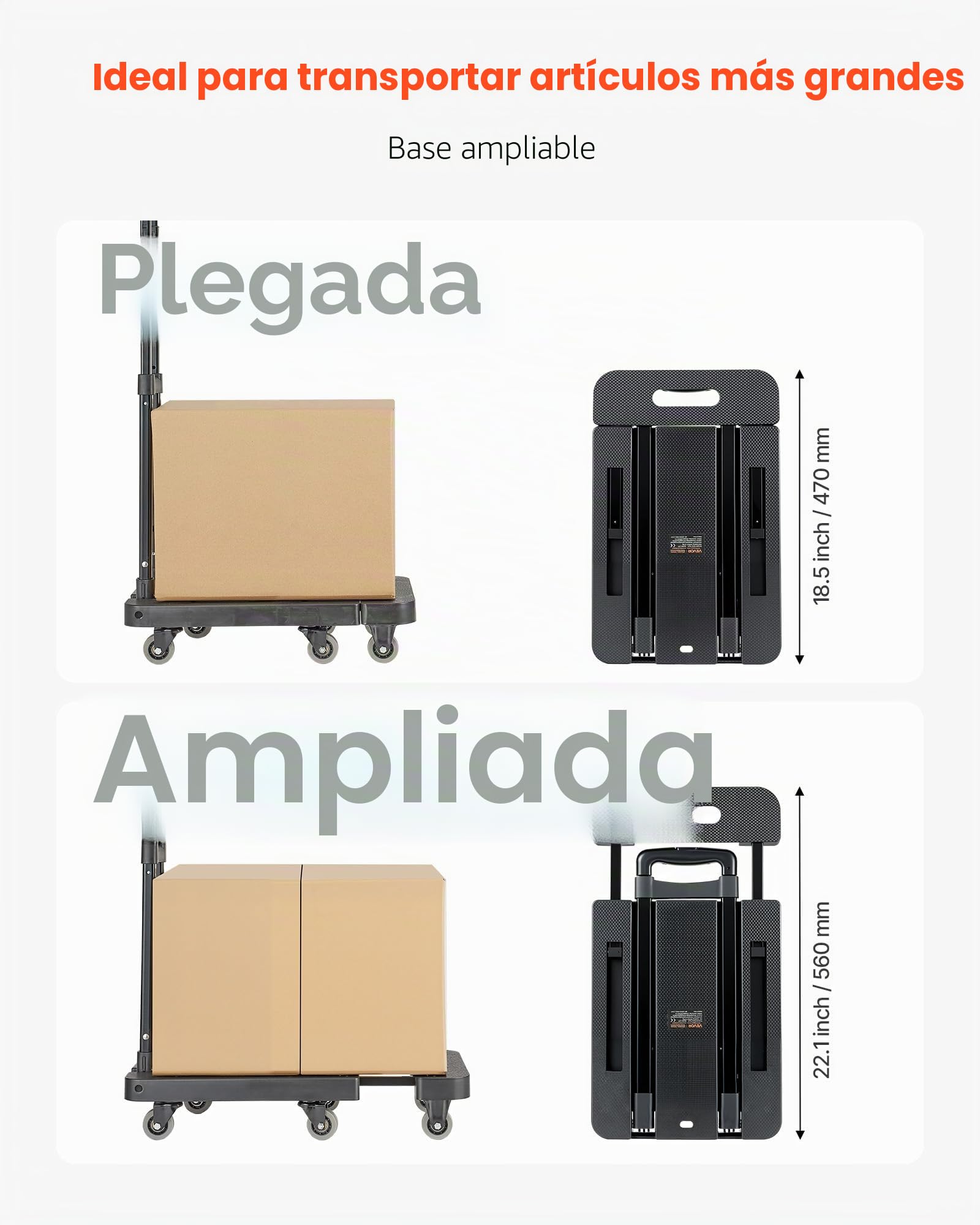 VEVOR Carretilla de Mano Plegable, Carrito de Equipaje Plegable con 6 Ruedas, 2 Cuerdas Elásticas y Base Expandible Carga de 226,8 kg para Equipaje de Viaje, Aeropuerto, Oficina, Mudanza, Negro