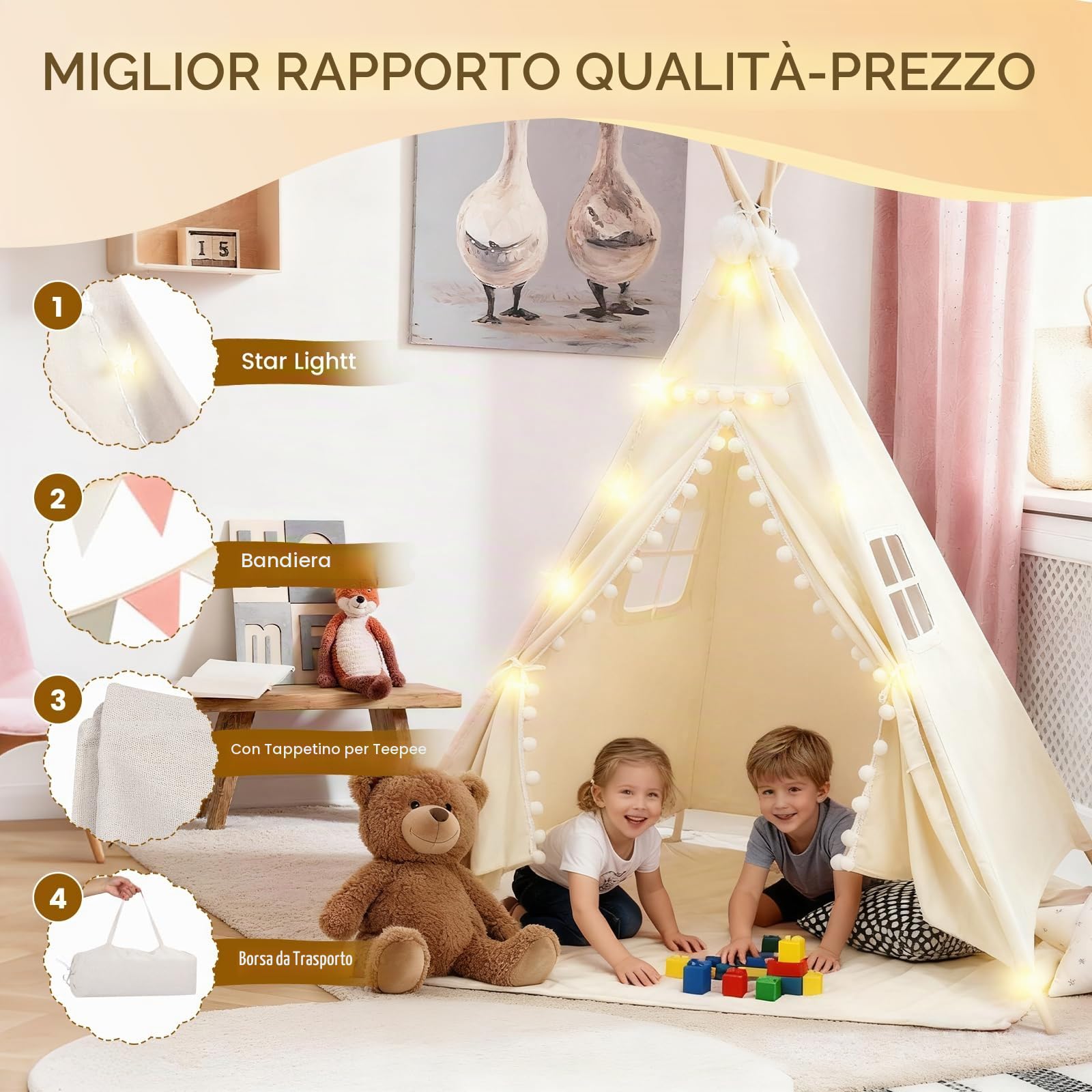 Tenda per Bambini, 120x140 cm Tenda Indiana Bambini per Cameretta, Castello Giochi per Bambini in Tela,Tenda Indiano con Lucine e Borsa Portaoggetti per Uso Interno o Esterno