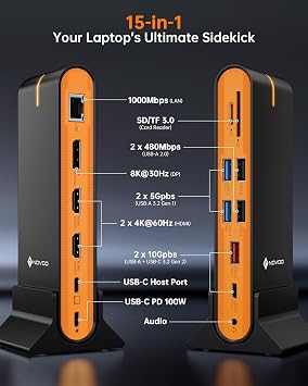NOVOO 15 in 1 Laptop Docking Station Dual Monitor, 8K DP & Dual 4K HDMI | Triple Display 8K@30Hz DP, Dual 4K@60Hz HDMI, 10Gbps USB-A/C, SD/TF, 1Gbps Ethernet, USB C Hub for MacBook, Windows Laptops