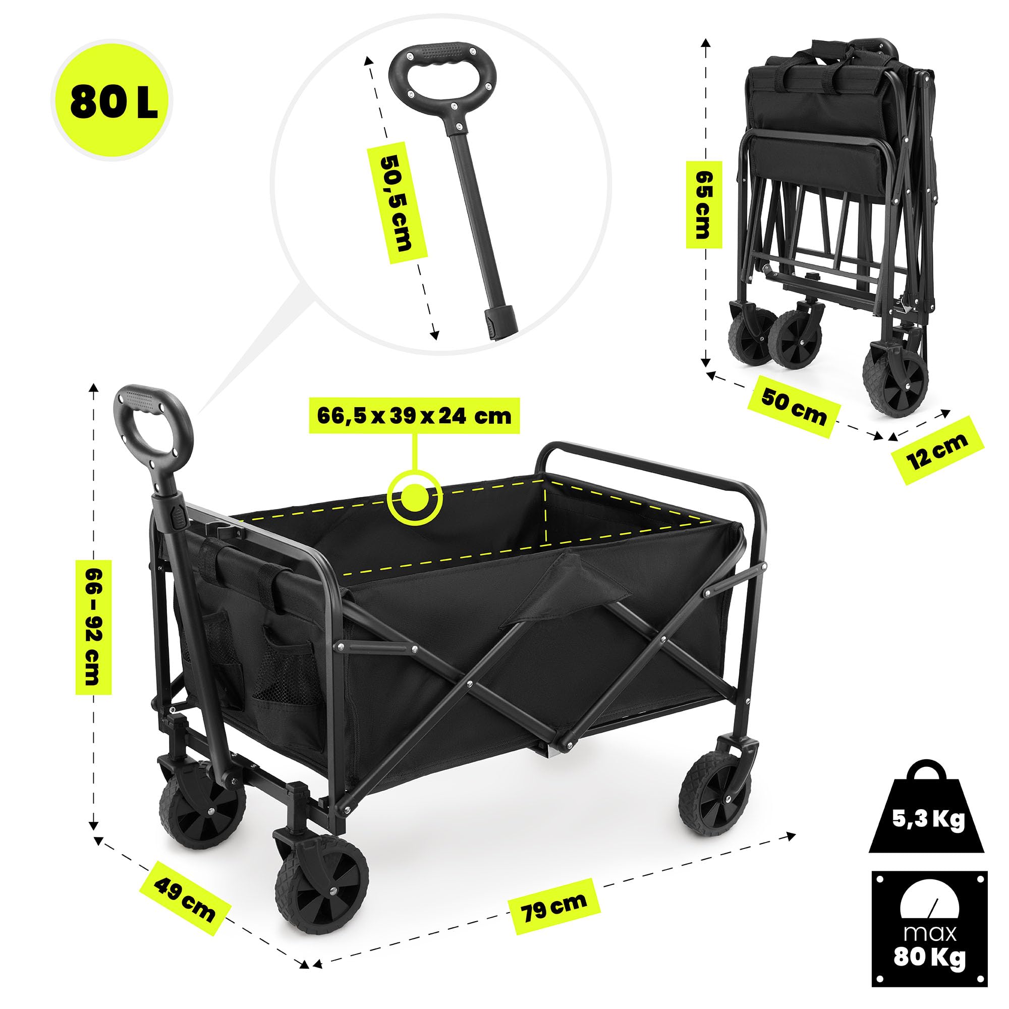 HyperMotion Wózek Turystyczny Składany Plażowy Czarny – Lekki i Wytrzymały Transportowy Wózek na Camping, Piknik, Zakupy – Udźwig 80 kg – Tkanina Oxford 600D, Obrotowe Koła
