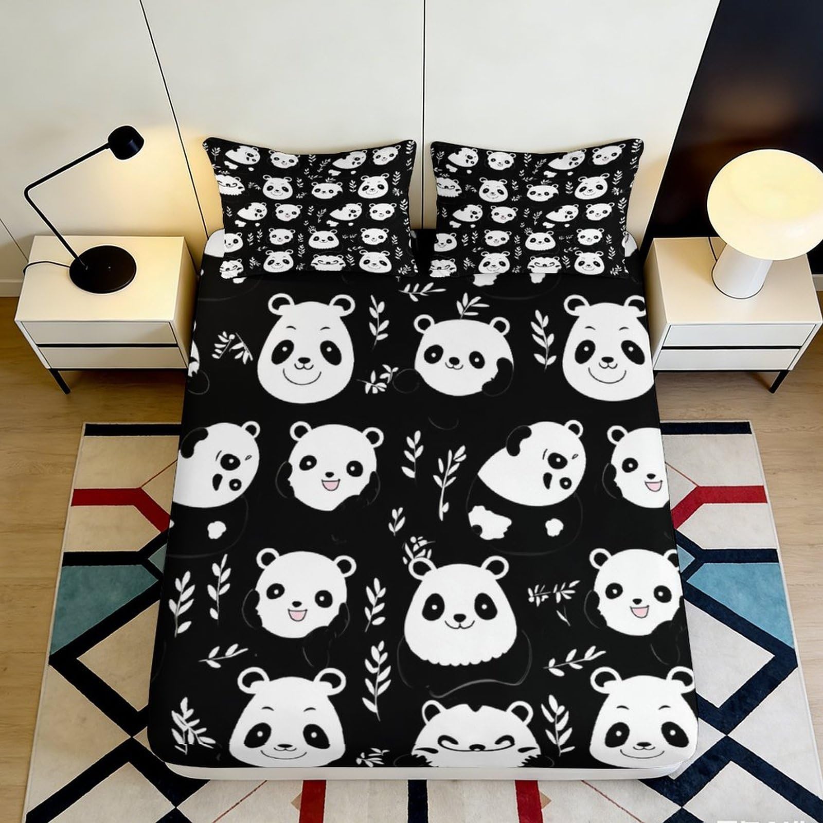 3D Printed Cute Panda Fitted Sheet Microfiber Black White Cartoon Animal Mattress Cover for Bedroom Dorm Mattresses Decor 140x200x25cm
